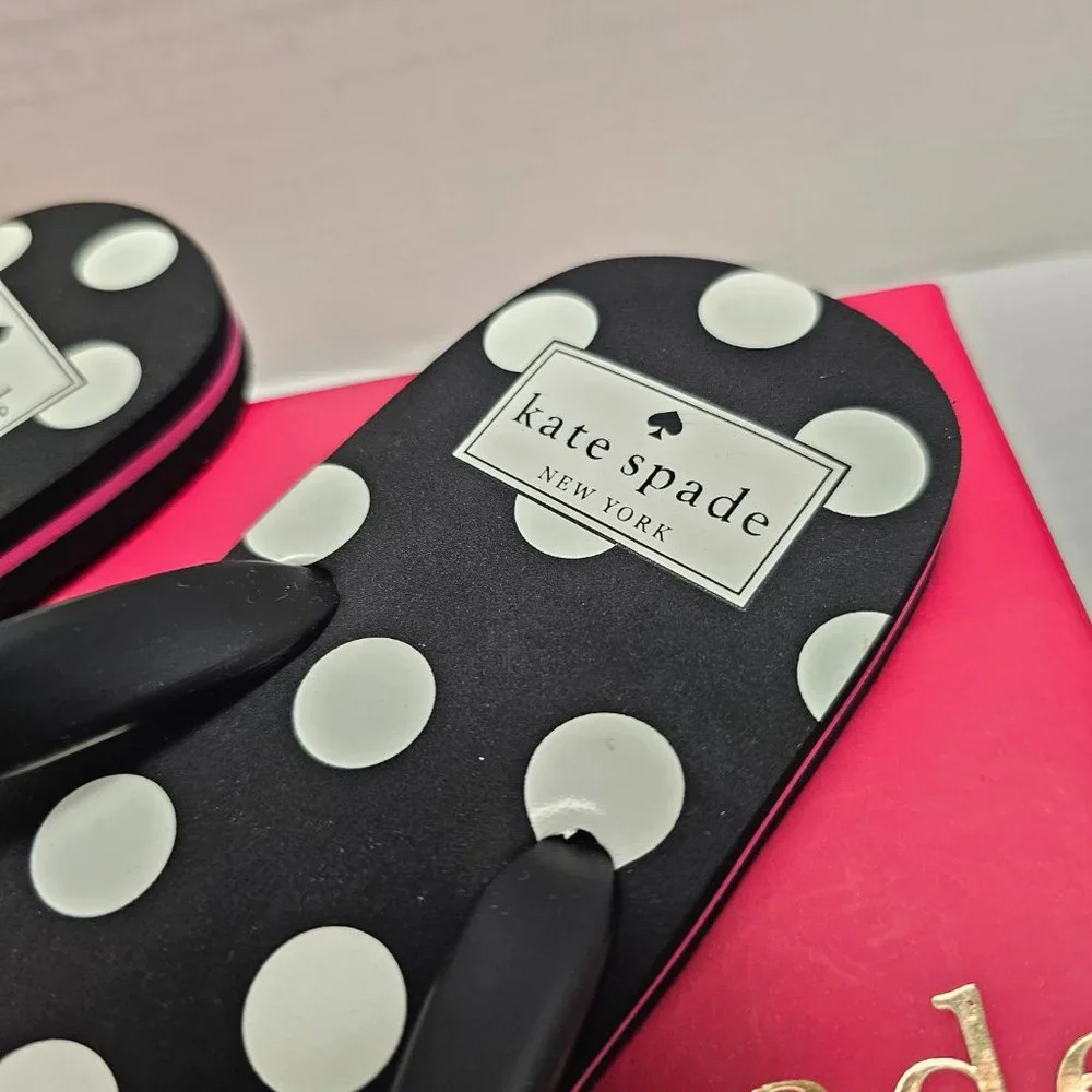 New Kate Spade New York Black White Polka Dot Flip Flops Pink Stripe Sandals 9 M